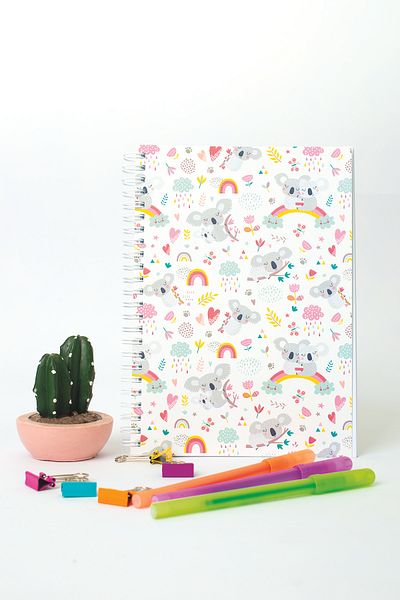 paperlab A5 White Koala Patterned Striped Spiral Notebook