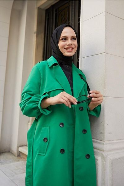 benguen 61319 Διπλό στήθος Hijab Trench Coat Πράσινο
