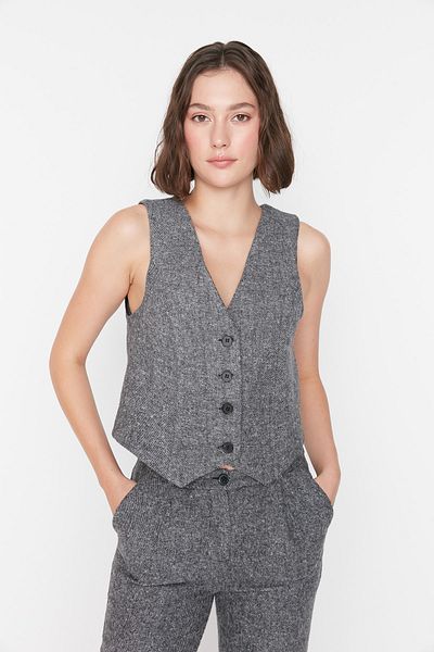 Trendyol Collection Anthrazitfarbene, taillierte, gewebte, geknöpfte Weste TWOAW23YE00020