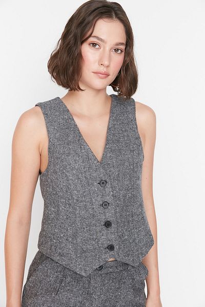 Trendyol Collection Anthrazitfarbene, taillierte, gewebte, geknöpfte Weste TWOAW23YE00020