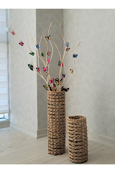 Asenya Hasır Örgü Vazo 2 Li Set 25 Cm Ve 50 Cm Çiçeklik Yapay Çiçek Vazosu De...