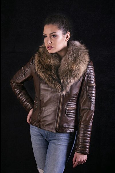 Derimont's Hakiki Deri Kahverengi Yaka Kürklü Kadın Deri Ceket