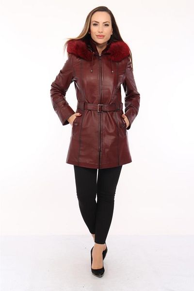 Derimont's Genuine Leather Claret Red Belted Fur Women's Jacket