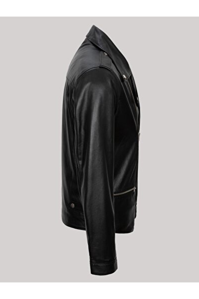 Derimont's Hakiki Kuzu Derisi Siyah Erkek Deri Mont Yandan Fermuarlı Mono Yaka Deri Ceket