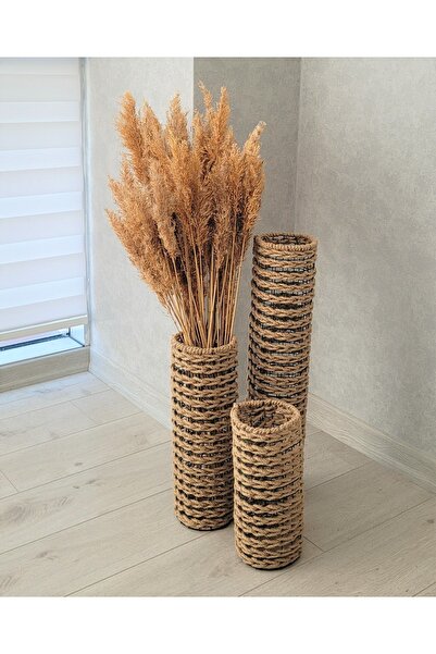 Asenya Hasır Örgü Vazo 3 Lü Set 25 Cm 30 Cm 70 Cm Çiçeklik Yapay Çiçek Vazosu...