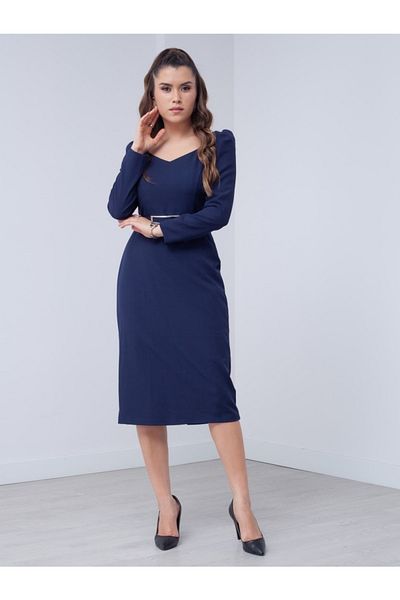 giyimmasalı Atlas Fabric Heart Collar Belted Dress - Navy Blue