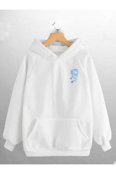 Joza Outdoors Sweat oversize alb cu imprimeu dragon unisex pentru femei și bărbați