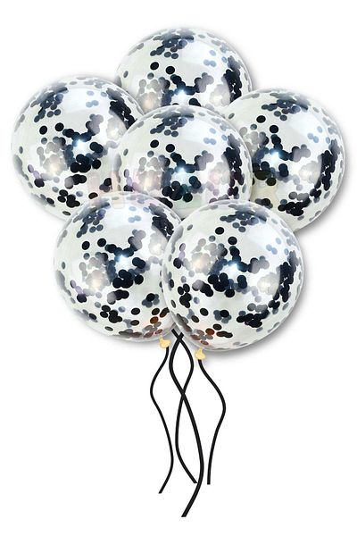 Huzur Party Store 20 Pieces 30 cm Black Metallic Sequin Balloon Set - Transparent Confetti