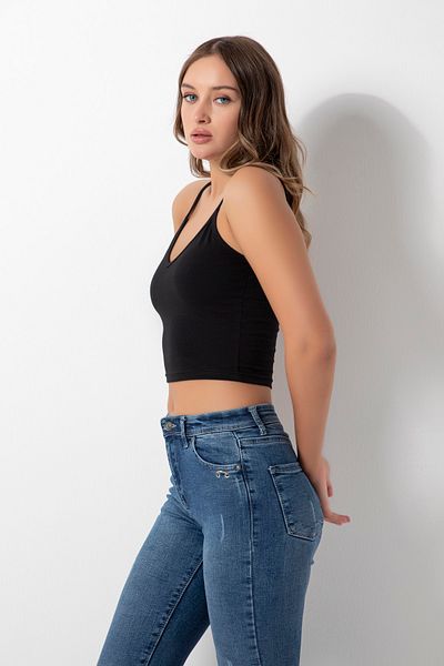 DONEX 3376 Στρογγυλή λαιμόκοψη Σχοινί λουρί Crop Μαύρο