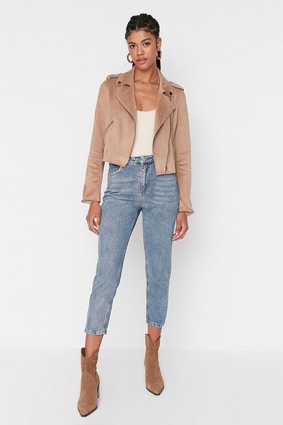 Trendyol Collection Blugi Mom Micuți cu talie înaltă albastră TWOSS21JE0474