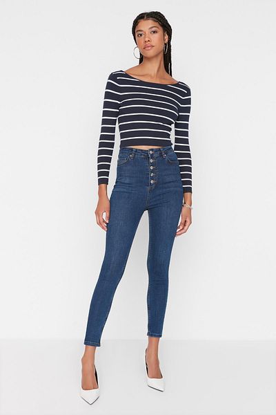 Trendyol Collection Sötétkék gombos elöl magas derekú vékony farmer TWOAW20JE0051