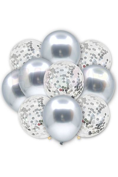 Huzur Party Store 20 Pcs 30 cm Gray Sequins Silver Balloon Set - Clear & Silver Chrome