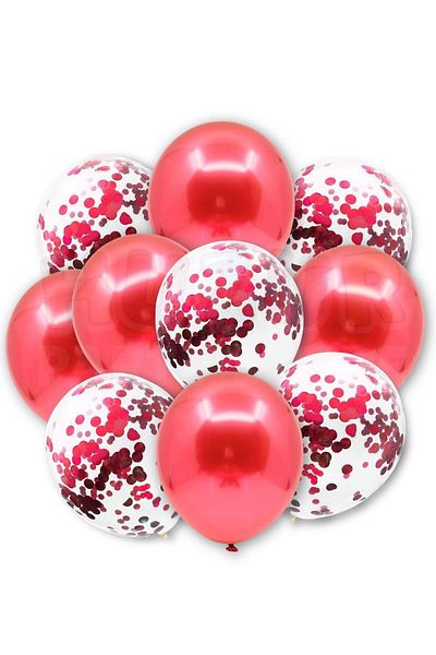 Huzur Party Store Red Confetili Transparent and Red Chrome Balloon Set 20 Pieces 30 cm Sequined Balloon Scale