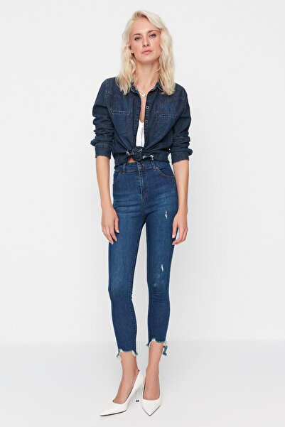 Trendyol Collection Сині джинси з високою талією, еластичні, зі рваними штанинами TWOSS20JE0299
