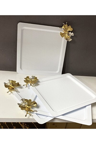 Elzem 4 Piece White Color Square Presentation Tray Dot Patterned Butterfly Model Lux