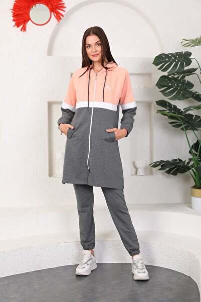 WestBound Pudra Gri Tesettür Kap Jogger Spor Takım 3 Renk Kapüşonlu