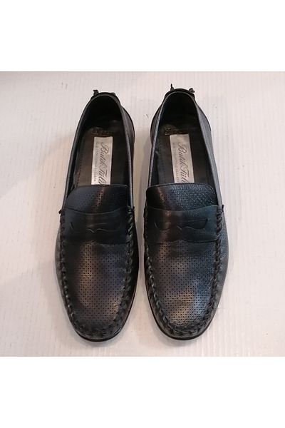 Butik Tülin Men's Genuine Leather Buffalo Black Tiny Staple Hole Soft Hand Stitched Leather Sole Loafer