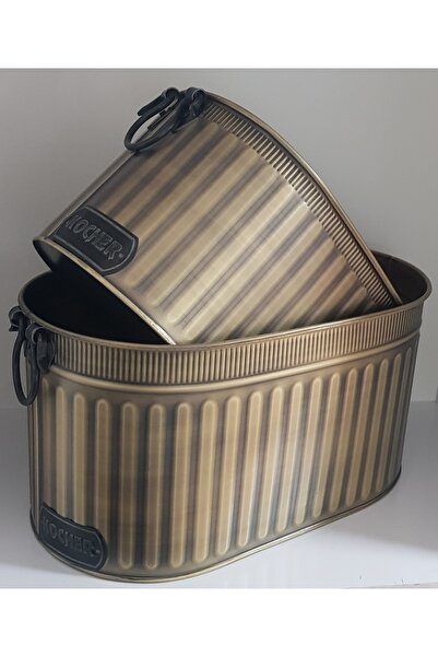 KOCHER Şömine Odun Kovası Ikili Set Antik Gold