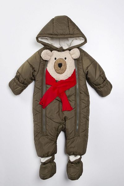 PODİUM GİYİM Cute Bear Patterned Winter Cosmonaut Jumpsuit with Removable Feet and Hidden Gloves Hooded (brown)
