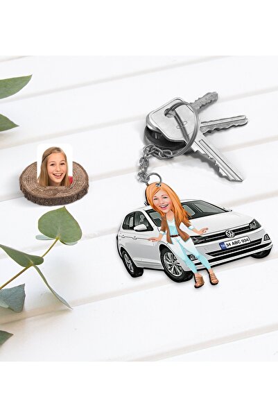 Bk Gift Kişiye Özel Kadın Vw Polo Figürlü Plakalı Ahşap Karikatür Anahtarlık-3