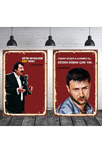 TAKIFİX Müslüm Gürses Azer Bülbül Seti 2 Adet 20x30 Cm Retro Ahşap Tablo