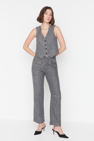 Trendyol Collection Anthracite Wide Leg Stitched Herringbone Trousers TWOAW23PL00043