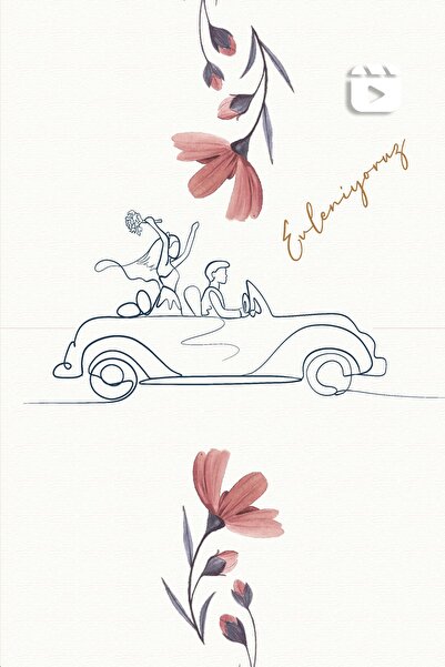 Line Art Dijital Video Düğün Davetiyesi Car & Flower