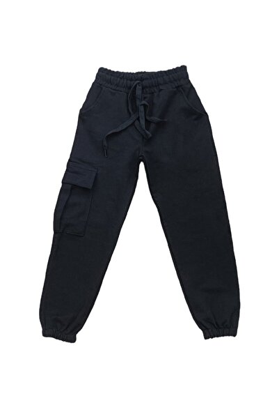 Karınca بنطال رياضي أسود للأطفال بجيب كارجو بلون واحد وخصر مطاطي