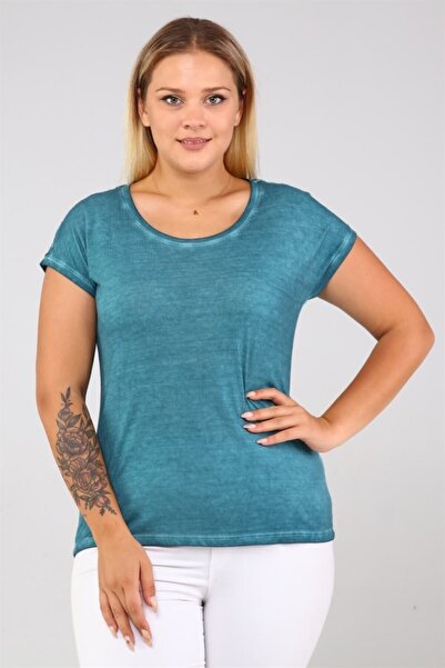 Seamoda Plus Size Women's Comfortable Trend Daily Lace Back Detailed T-Shirt - Petrol Green