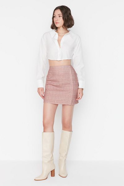 Trendyol Collection Καφέ Μίνι καρό υφασμένη φούστα σε γραμμή Α TWOAW22ET0446