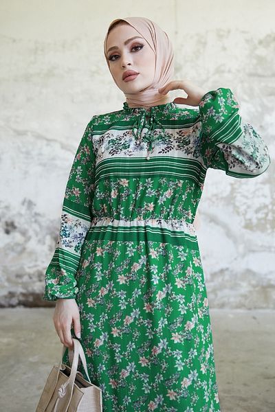 InStyle Misa Ριγέ Floral Jacquard Φόρεμα Yoryo Chiffon - Πράσινο