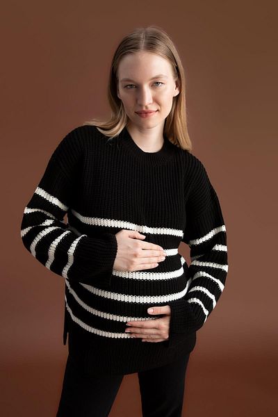 DeFacto Regular Fit Striped Crew Neck Slit Knitwear Maternity Sweater