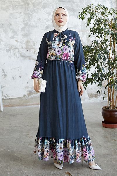 InStyle Περισσότερα Floral Jacquard Yoryo Chiffon Dress - Navy Blue