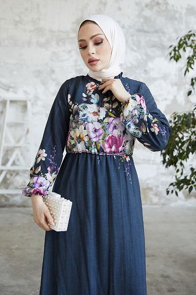 InStyle Περισσότερα Floral Jacquard Yoryo Chiffon Dress - Navy Blue