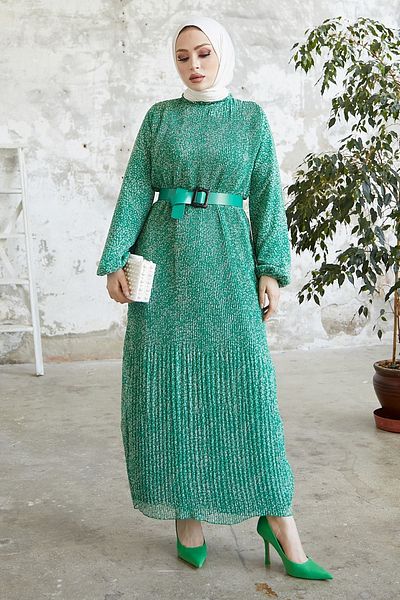 InStyle Melya Çıtır Pattern Chiffon Dress - Green