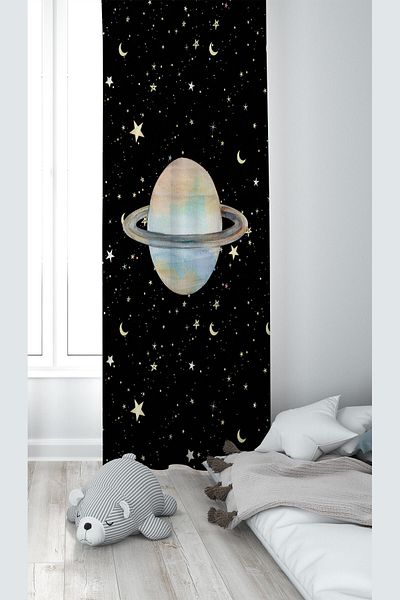 on the clouds Space Patterned Black Baby Room - Digital Printing, Washable Background Curtain