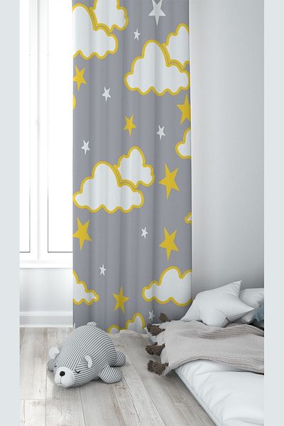 on the clouds Gray Cloud Patterned Digital Printed Washable Baby and Children's Room Curtain