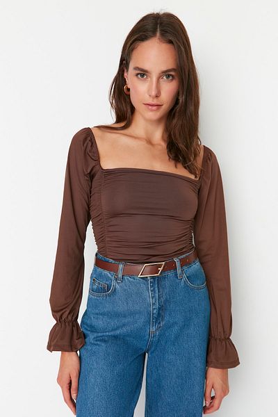 Trendyol Collection Hnědé pletené tělo s balonovým rukávem TWOAW22BD0021