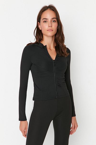 Trendyol Collection Schwarze, körperbetonte Strick-Sportjacke/Sweatshirt mit Reißverschluss und Stehkragen TWOAW23BZ00592