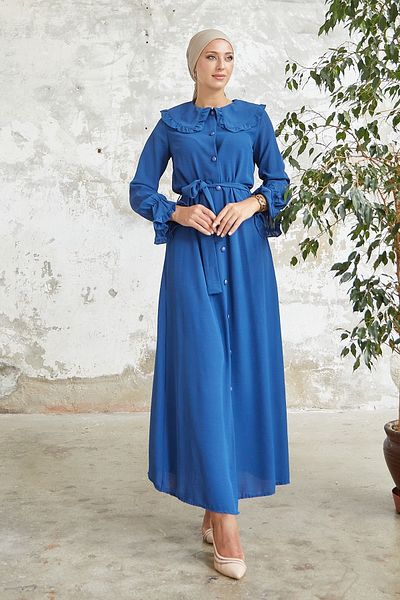 InStyle Alisa Sleeve Ruffle Baby Collar Ayrobin Dress - Saks Blue