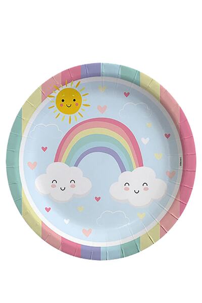 Parti dolabı 8'li Gökkuşağı Bulut Konsept Parti Tabağı, Rengarenk Pastel Kart...