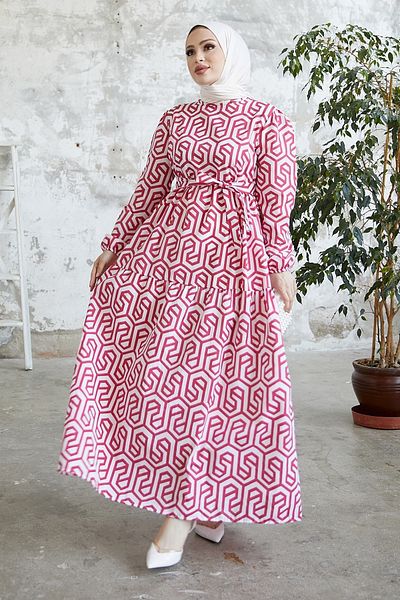 InStyle Leya Princess Shoulder Belted Hijab Dress - Red