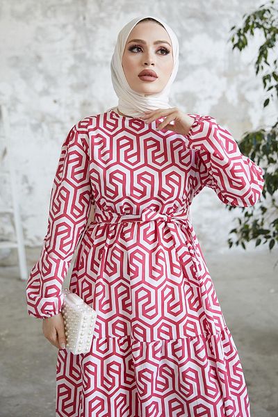 InStyle Leya Princess Shoulder Belted Hijab Dress - Red