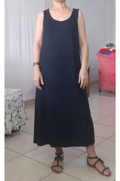 Mertcan Butik Μπλε ναυτικό χτενισμένο βαμβακερό φόρεμα βισκόζης με χοντρό λουράκι