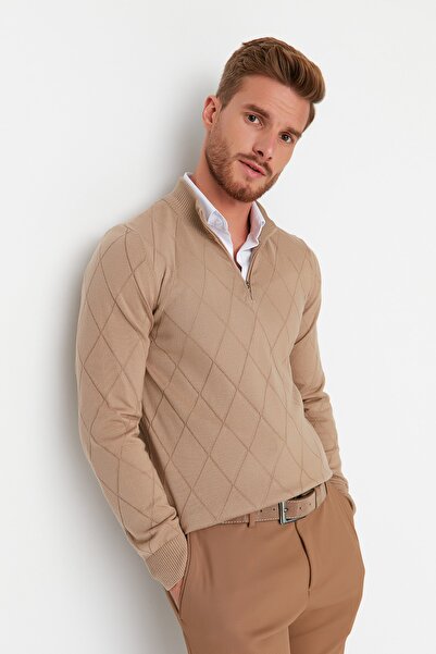 Trendyol Collection Camel Regular Fit Βαμβακερό μισό γιακά με φερμουάρ Έξυπνο πλεκτό πουλόβερ TMNAW23KZ00215