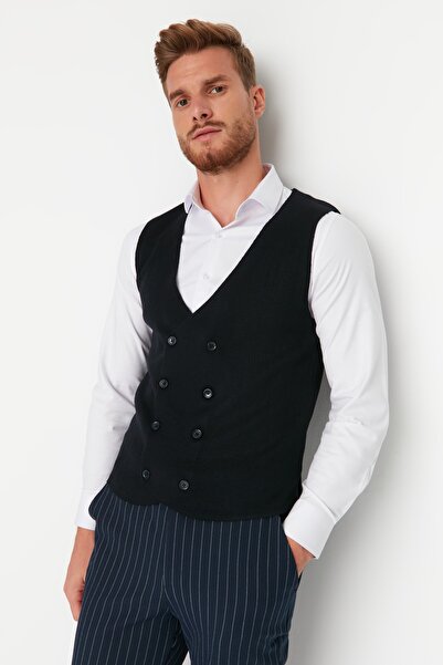 Trendyol Collection Navy Blue Slim Fit duplasoros mellény - gombos, TMNAW21YE0014