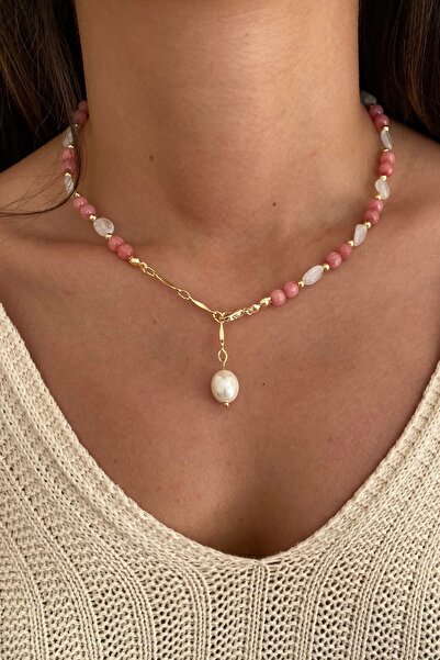 Suerte Accessories Çilek Kuvars Ve Tımbıl Ay Taşı Doğal Taşlı Sakız Inci Uç G...