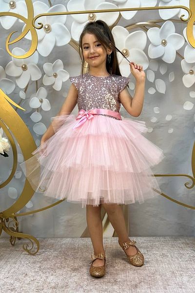 ABİYEKİDS Pink Children's Evening Dress Sequined Katkat Sequined 23 April Show Dress for Ages 2/11
