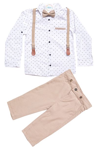 Mika Bebek & Çocuk Boy Beige Pants Shirt Bow Tie Salopet Suit