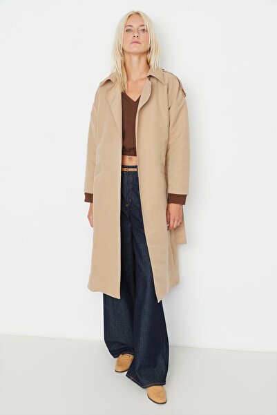 Trendyol Collection Béžový oversize široký náramek s páskem Detailní dlouhý trenčkot TWOSS20TR0007